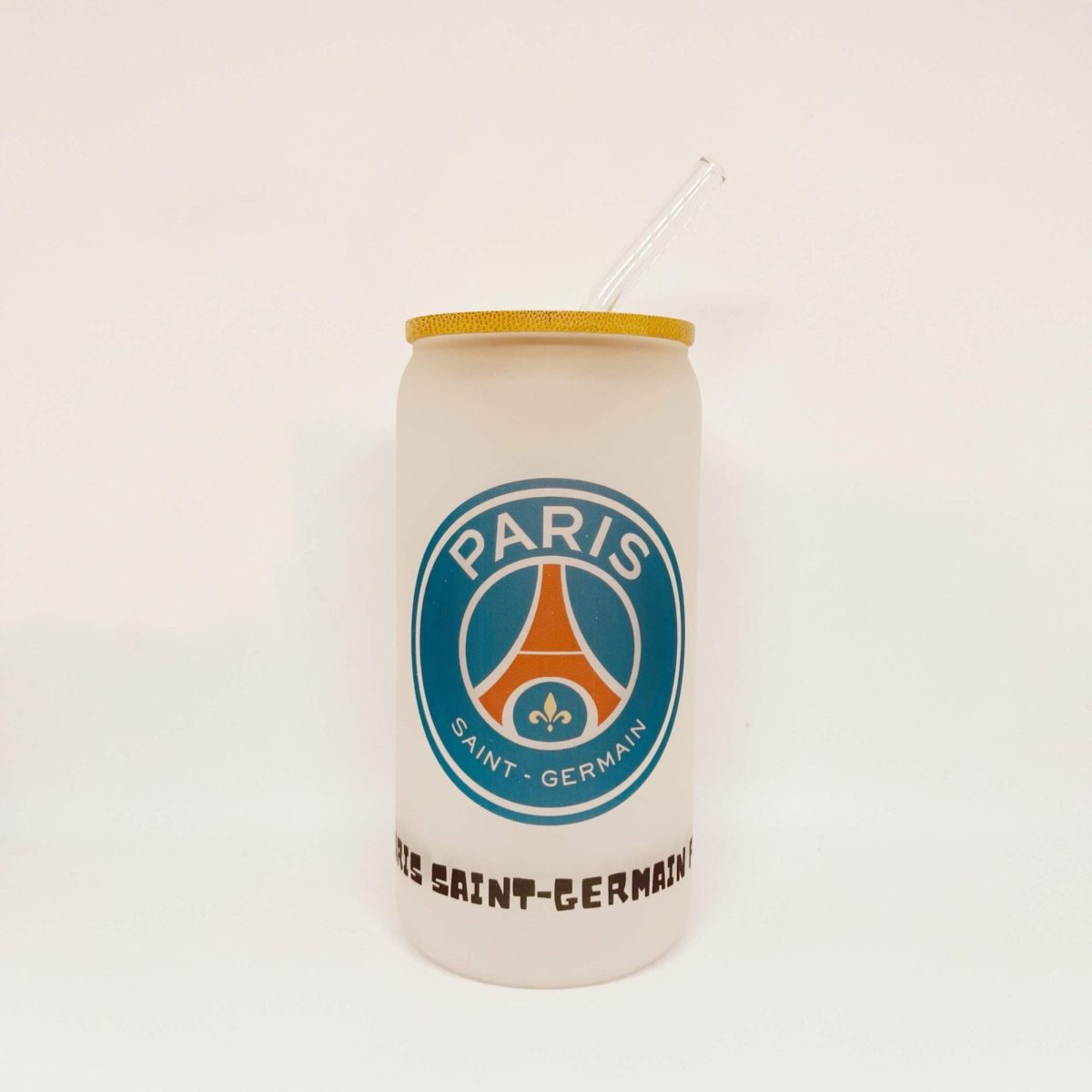 White bottle with a yellow rim and a clear straw, featuring a Paris Saint-Germain emblem.
