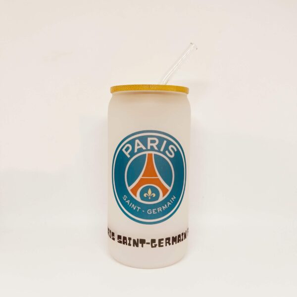 White bottle with a yellow rim and a clear straw, featuring a Paris Saint-Germain emblem.
