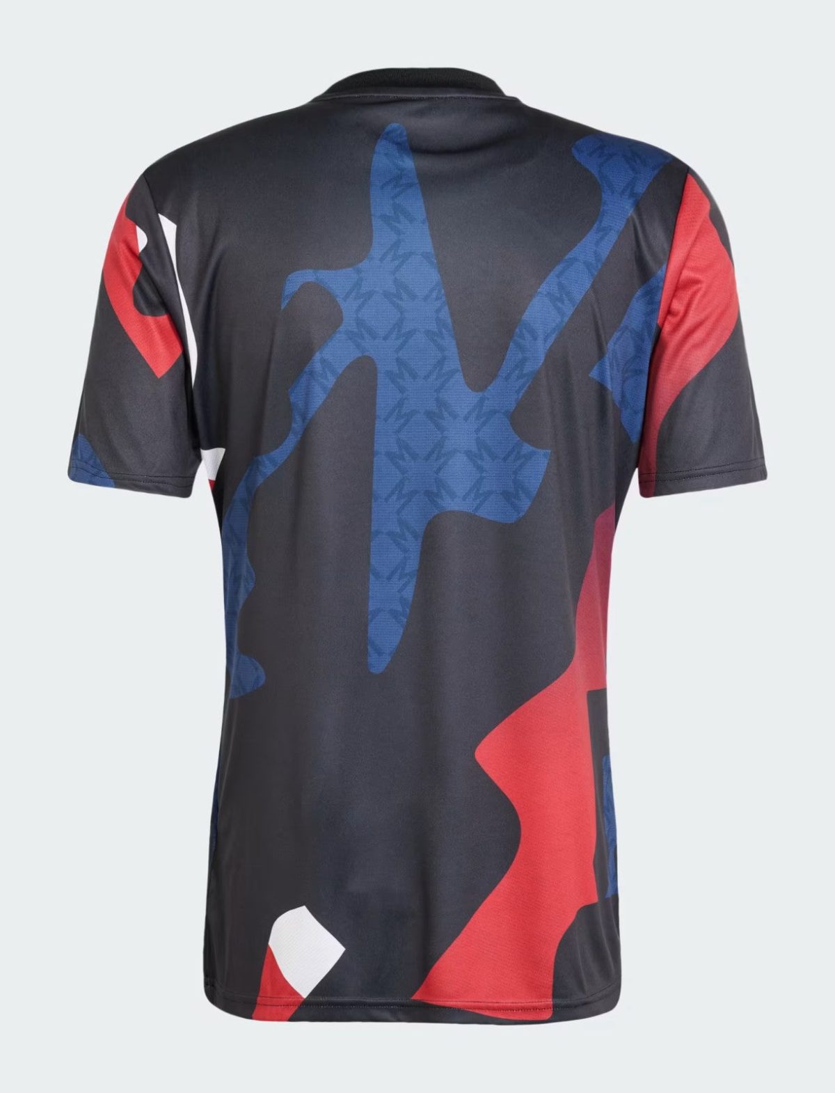 Back view of a black athletic T-shirt with red and blue abstract camouflage pattern on the front-facing side of the back area (short sleeves).