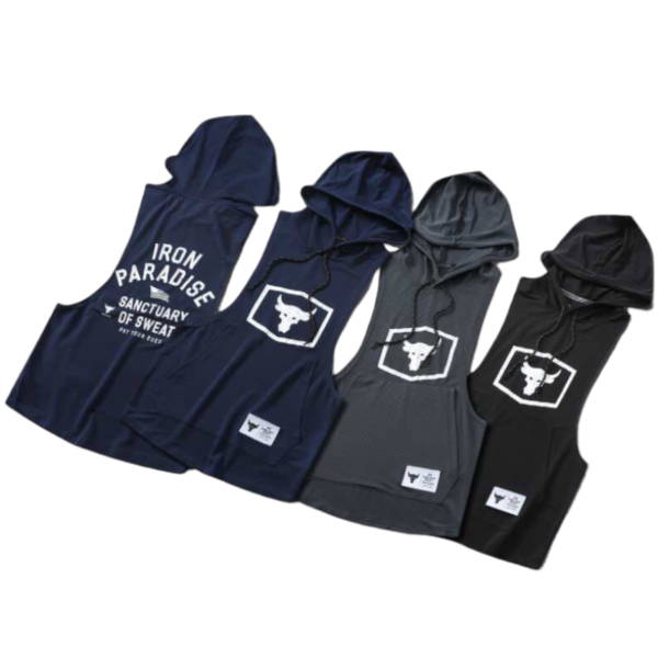 Four sleeveless hooded athletic shirts in navy, royal blue, gray, and black with a white Texas longhorn logo in a square on the chest.