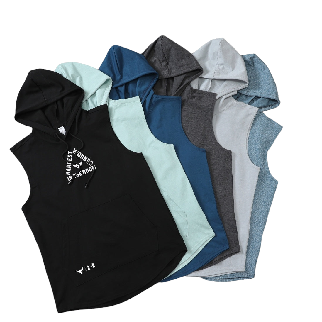 PhotoRoom-20220602_180425_4f93ad00-efd8-4f8e-8bdc-0c6be461ad57 Array of sleeveless hoodies in black, mint, blue, gray, and denim laid flat in a fan arrangement.