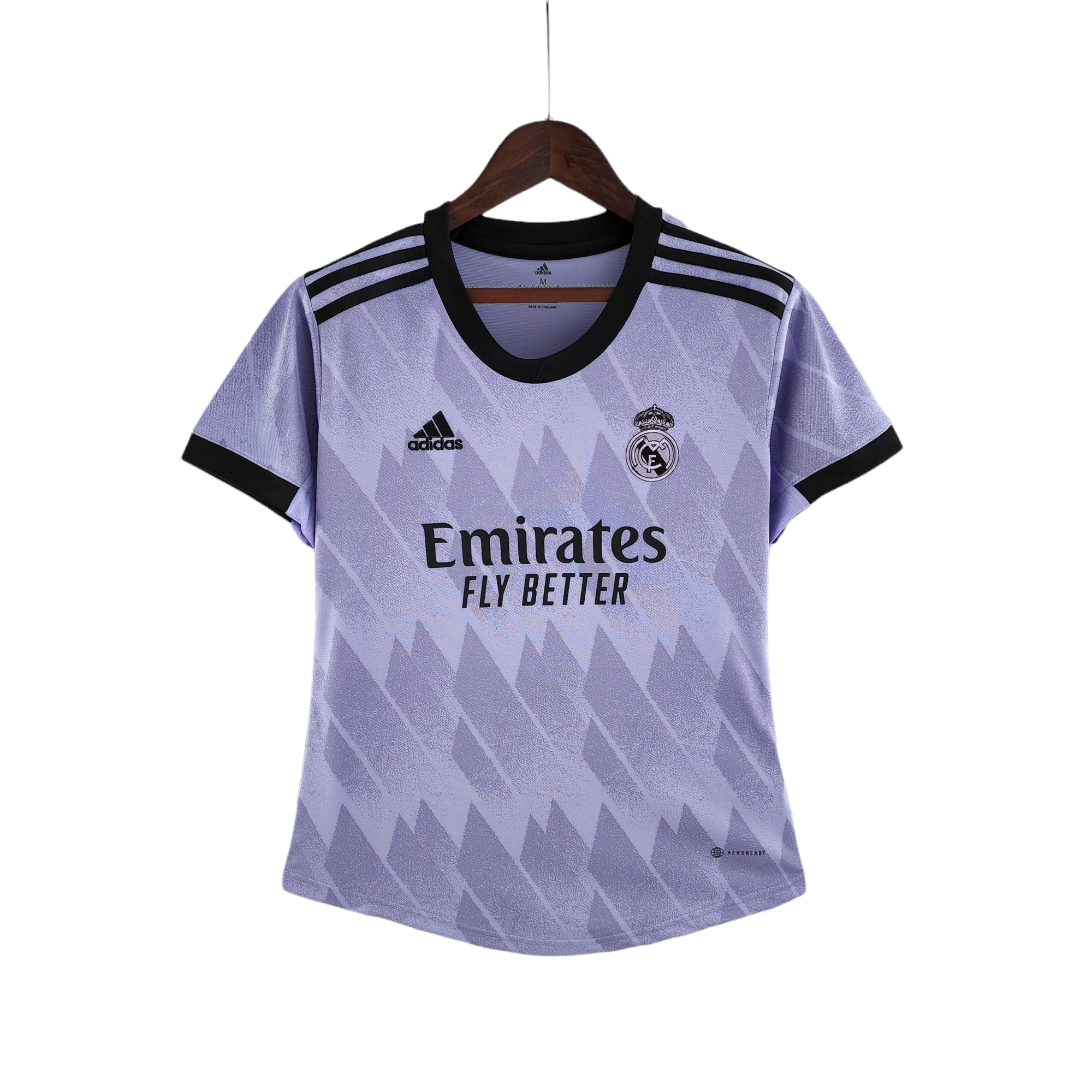 PhotoRoom-20220721_233614_18_1c35e597-cf3c-4bb1-b510-c3cb37c09009 Purple Real Madrid football jersey on a hanger with black Adidas stripes and crest, text 'Emirates' across front, light chevron pattern in background