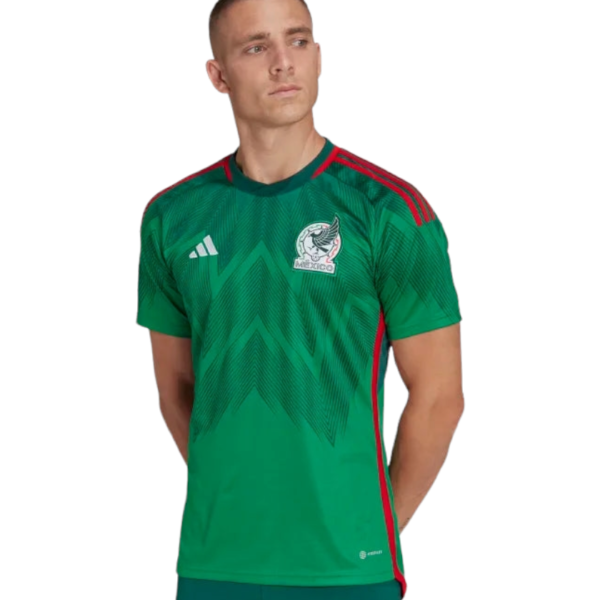 Man wearing a green Mexico national team soccer jersey with red trim, facing left.