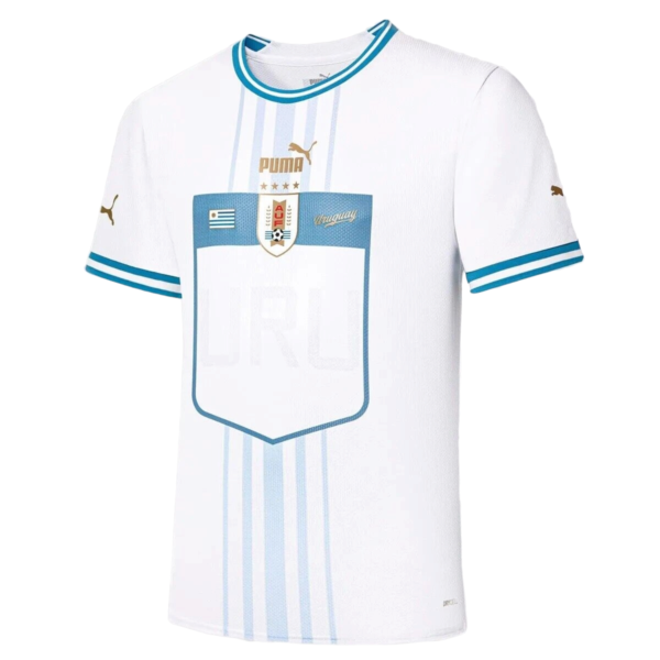 White Uruguay national football jersey with light blue vertical stripes and blue trim, featuring Puma logo and crest at chest.