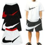 Collage of Nike athleticwear: black shorts with red swoosh, white oversized T‑shirt with gray swoosh, and matching shorts.