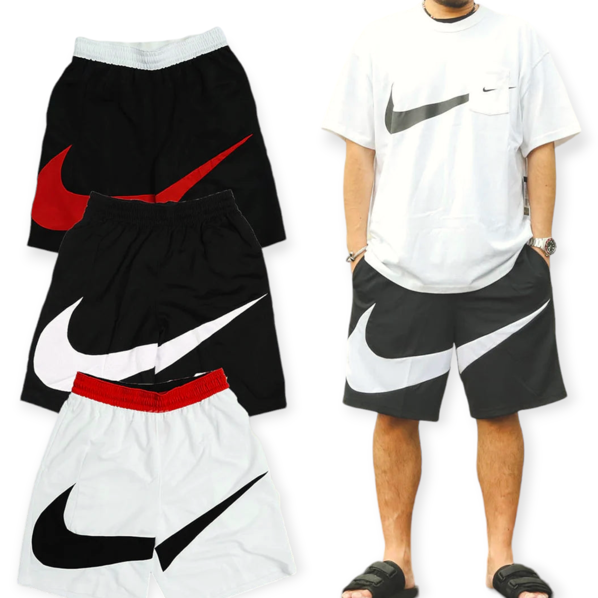 PhotoRoom-20230401_232257_f5663304-8d8a-4c2a-89aa-f8e9ca680bcc Collage of Nike athleticwear: black shorts with red swoosh, white oversized T‑shirt with gray swoosh, and matching shorts.