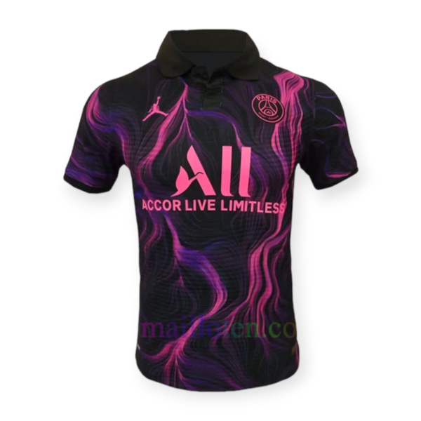PSG soccer jersey with a black and pink purple wave pattern, Paris crest, Jumpman logo, and 'ACCOR LIVE LIMITLESS' branding.