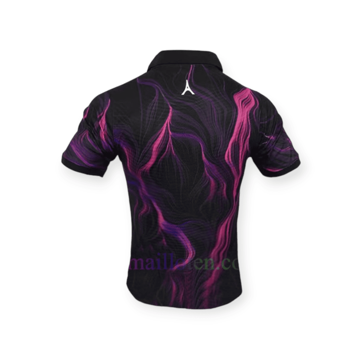 Back view of a black jacket with swirling purple and pink marble pattern and a small white logo on the collar