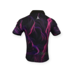 Back view of a black jacket with swirling purple and pink marble pattern and a small white logo on the collar