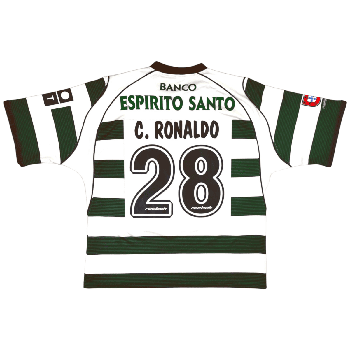 White and green striped soccer jersey with 'Banco Espírito Santo' and the player name 'C. Ronaldo', number 28 on the back.