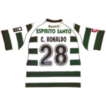 White and green striped soccer jersey with 'Banco Espírito Santo' and the player name 'C. Ronaldo', number 28 on the back.