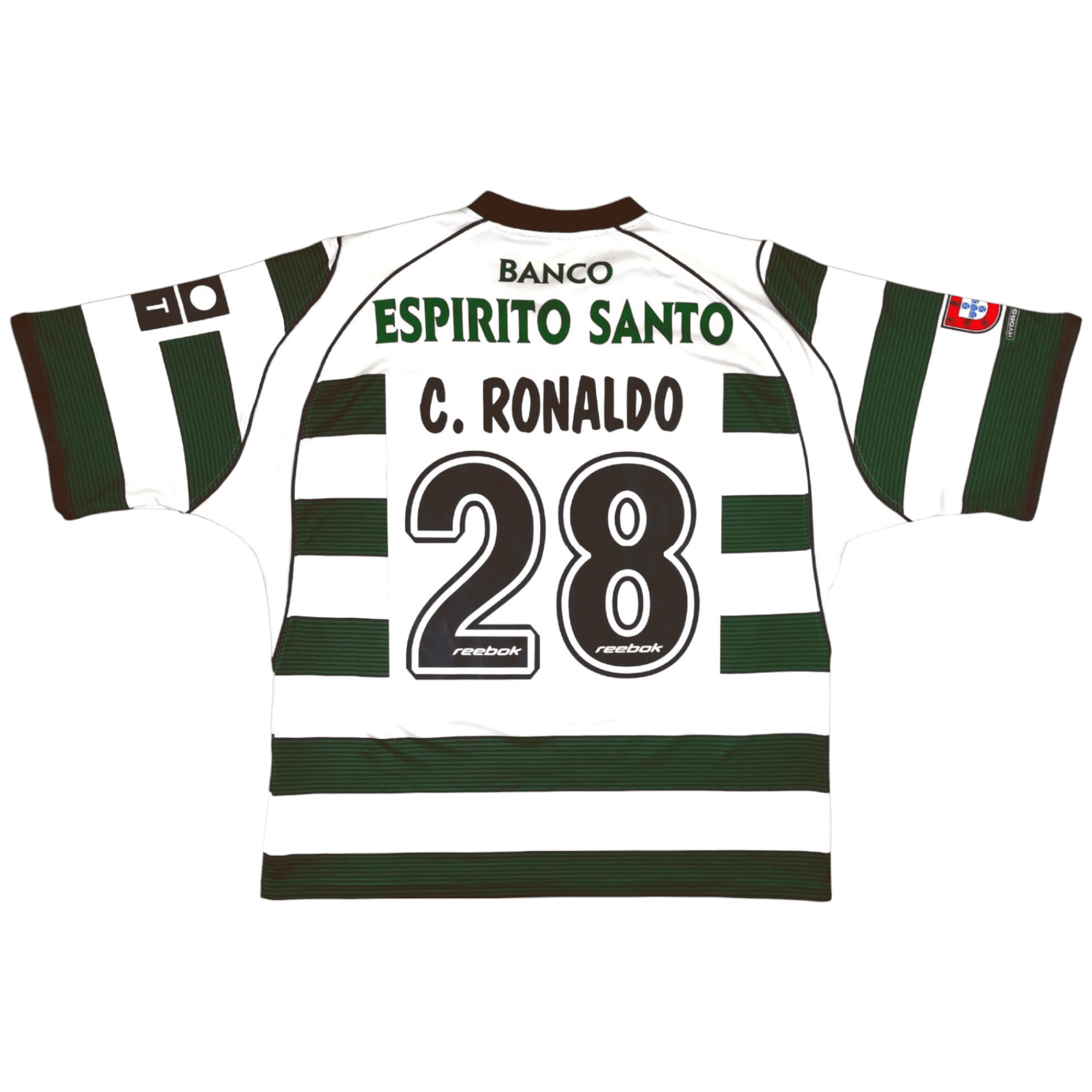 PhotoRoom-20230409_105044_a043dd91-44b1-4888-ba8e-3f956d609f21 | UAE SPORT STORE White and green striped soccer jersey with 'Banco Espírito Santo' and the player name 'C. Ronaldo', number 28 on the back.