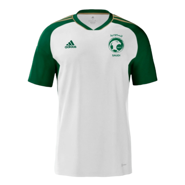 White Saudi football jersey with green sleeves, Adidas logo on the left chest and SAFF crest on the right.