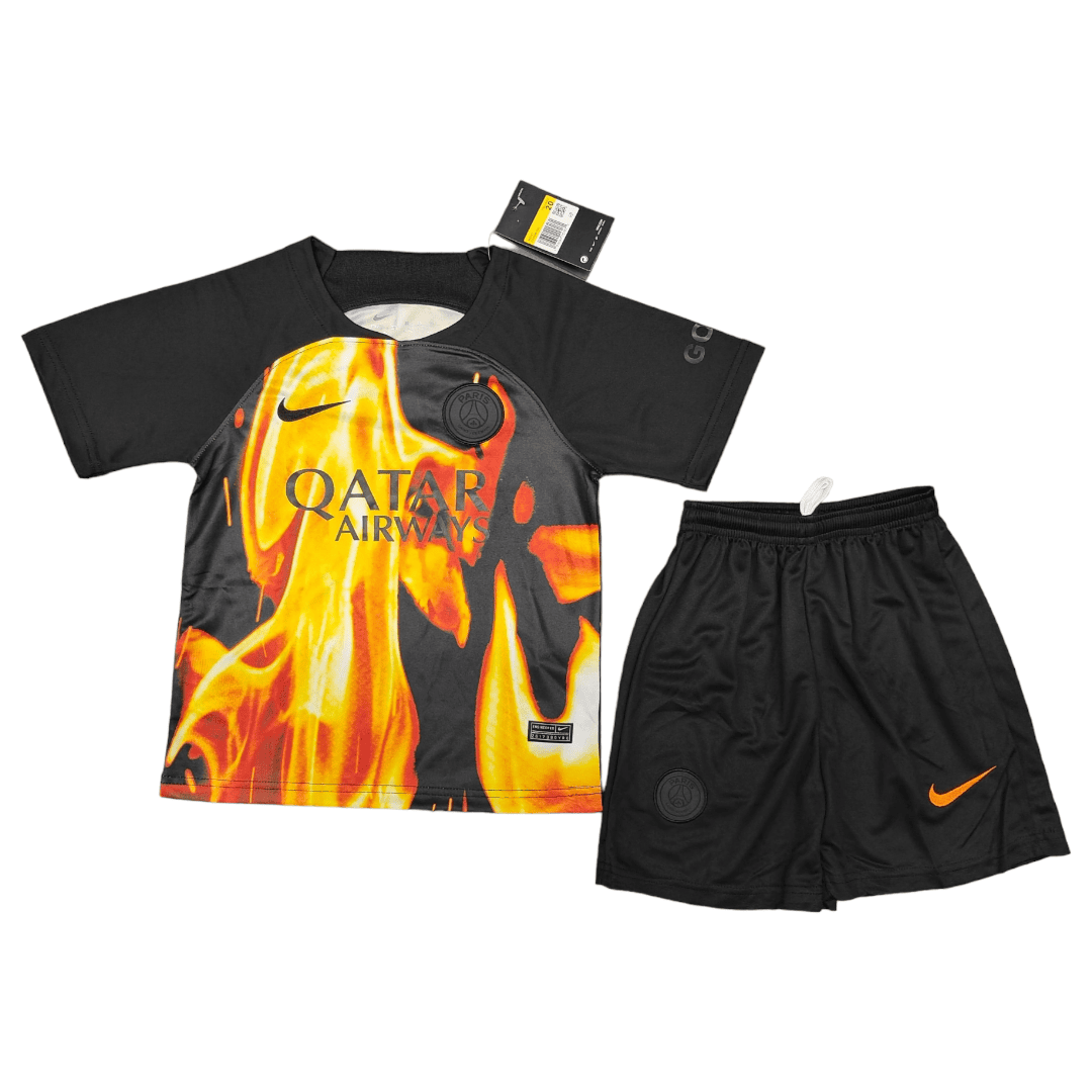 PhotoRoom-20230512_172419_678cfa23-7aee-4797-b4ae-f68ec3d08dd0 | UAE SPORT STORE Black Paris Saint-Germain football jersey with a fiery orange graphic and Qatar Airways sponsor, paired with black shorts that have an orange Nike swoosh and team crest.