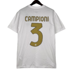 Back view of a white T-shirt on a hanger, with the word CAMPIONI in gold and a large gold number 3 beneath.