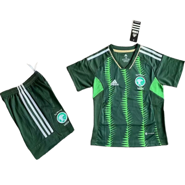 Green Saudi Arabian soccer jersey with matching dark green shorts and tag, Adidas branding visible on both pieces.