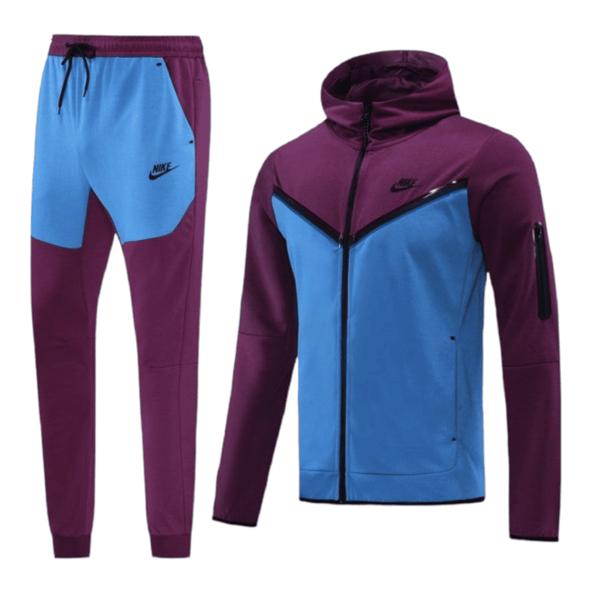 Nike color-block tracksuit set in purple and blue, including zip-up hoodie and matching joggers