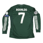 Real Madrid Ronaldo jersey, green away kit, number 7 on back, Champions League patch on sleeve.