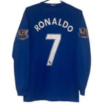 Blue Manchester United jersey showing the back with 'RONALDO' and the number 7, long sleeves and Barclays Premier League patches on the sleeves.