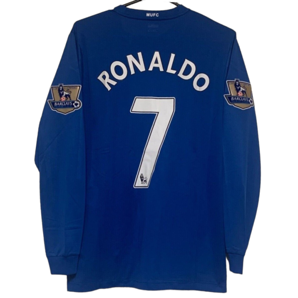 Blue Manchester United jersey showing the back with 'RONALDO' and the number 7, long sleeves and Barclays Premier League patches on the sleeves.