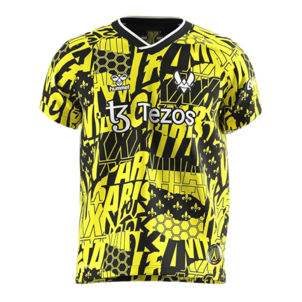 Bright yellow and black graphic sports jersey featuring Tezos branding and a small badge at the lower front