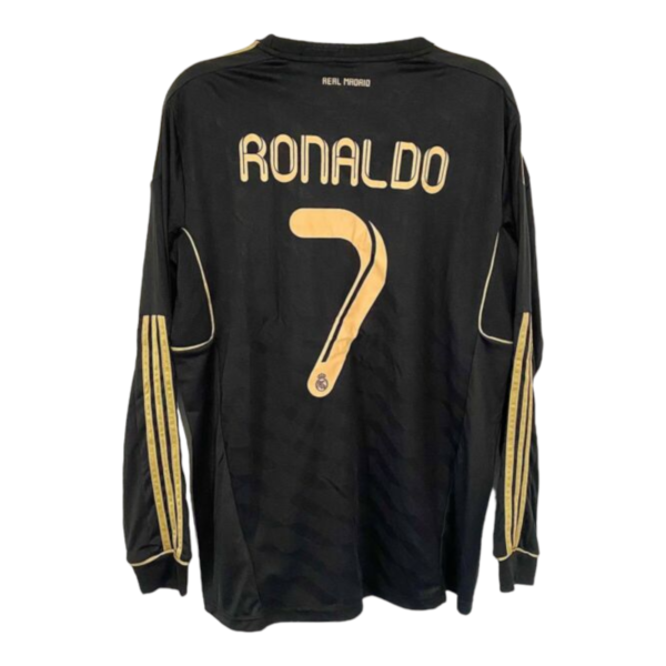 Back view of a black Real Madrid jersey with 'RONALDO' and the number 7 in gold on the back, gold trim on sleeves.