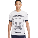 Male model wearing a white athletic T-shirt with DHL and Mifel logos and a large black graphic across the front.