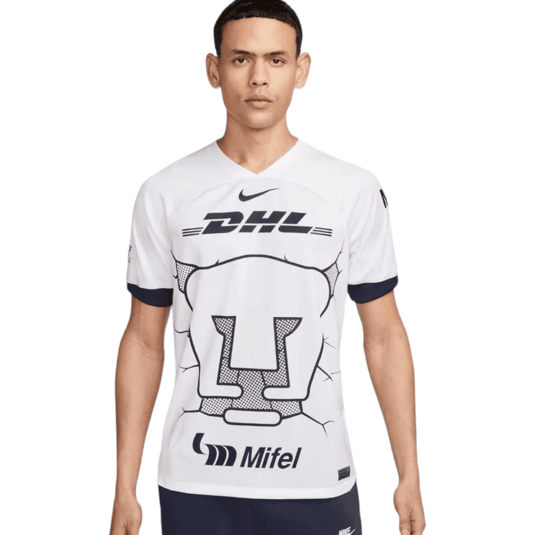 PhotoRoom-20230724_061402_348302be-dc30-46ff-9a75-b71a8b442bc7 | UAE SPORT STORE Male model wearing a white athletic T-shirt with DHL and Mifel logos and a large black graphic across the front.