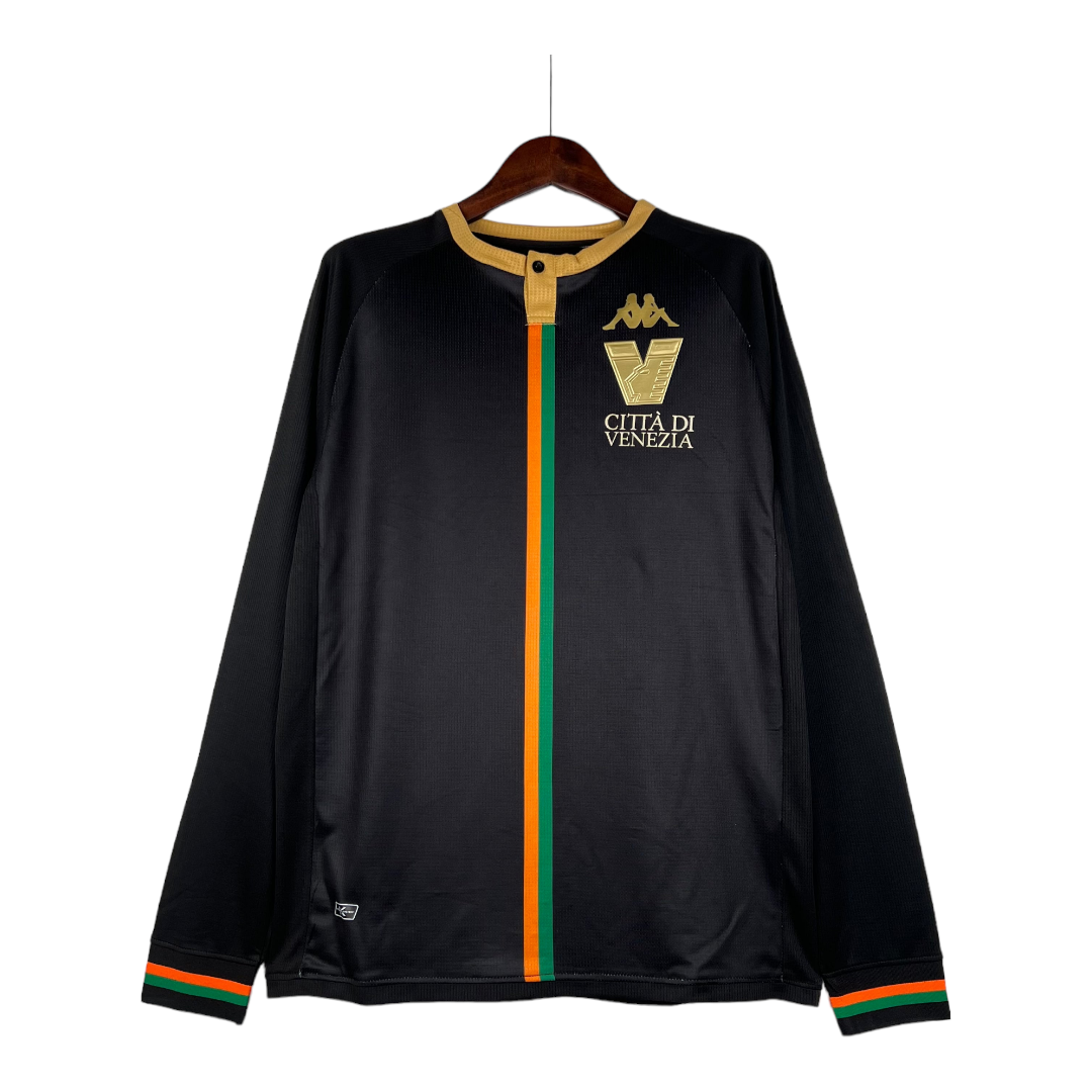 PhotoRoom-20230728_063915 | UAE SPORT STORE Black Venezia city jersey on a hanger featuring a gold collar, a green-orange vertical stripe, and Venezia crest with Kappa logo on the chest.