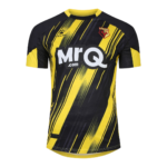 Watford FC soccer jersey in black and yellow diagonal stripes with the MRQ sponsor logo and club crest on the chest.