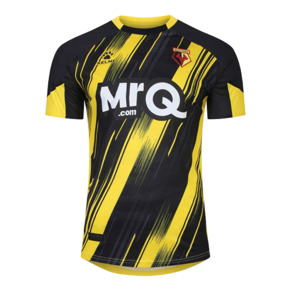 Watford FC soccer jersey in black and yellow diagonal stripes with the MRQ sponsor logo and club crest on the chest.
