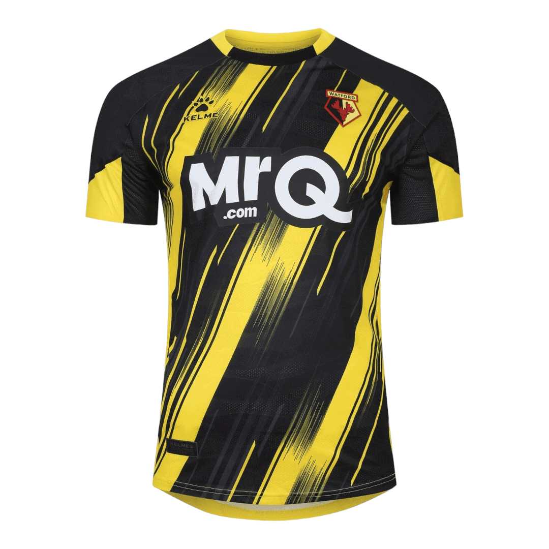 PhotoRoom-20230731_232156_e175ee4e-9ed4-4680-b97f-d6cbed6adeee | UAE SPORT STORE Watford FC soccer jersey in black and yellow diagonal stripes with the MRQ sponsor logo and club crest on the chest.