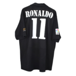 Back view of a black Ronaldo soccer jersey with the large white number 11 and the name RONALDO on top; LFP patch on the left sleeve.