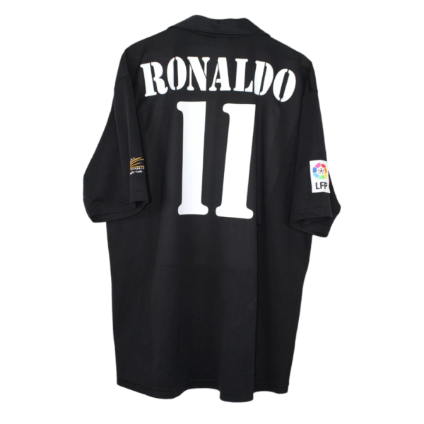 Back view of a black Ronaldo soccer jersey with the large white number 11 and the name RONALDO on top; LFP patch on the left sleeve.