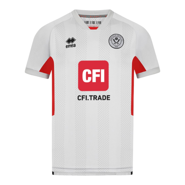 White Sheffield United football shirt with red side panels, sponsor CFI.TRADE, Errea logo, and club crest on chest.