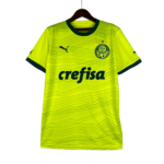 Bright neon yellow Palmeiras soccer jersey on a hanger with dark green collar and fine horizontal stripes, crest and 'crefisa' sponsor visible.