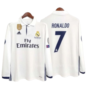 White Real Madrid jersey with Fly Emirates sponsor; Ronaldo 7 on the back (front shows crest and Adidas logo).