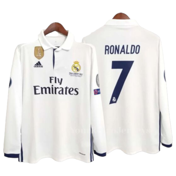 White Real Madrid jersey with Fly Emirates sponsor; Ronaldo 7 on the back (front shows crest and Adidas logo).