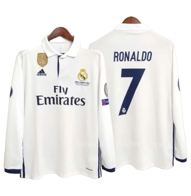 PhotoRoom-20231013-062512_cee26fa6-8c3d-4806-b9c9-8d9fd44cfa23 White Real Madrid jersey with Fly Emirates sponsor; Ronaldo 7 on the back (front shows crest and Adidas logo).