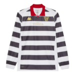 Long-sleeve soccer jersey with wide navy and white horizontal stripes, red collar, and Venezia gold sponsor text on chest.