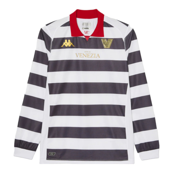 Long-sleeve soccer jersey with wide navy and white horizontal stripes, red collar, and Venezia gold sponsor text on chest.