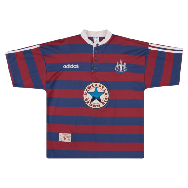 Red and blue horizontal striped Newcastle United-style jersey with Adidas logo and sponsor badge in the center.