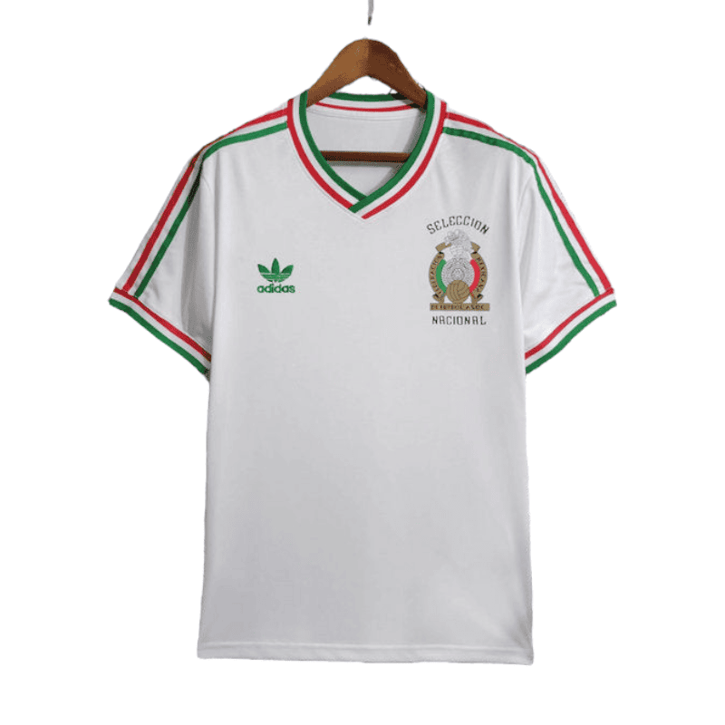 PhotoRoom-20240112-235119 | UAE SPORT STORE White Adidas soccer jersey with green and red trim, featuring the Mexico national team crest on the chest and logo on the opposite side.