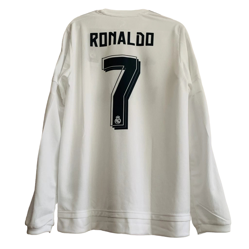 PhotoRoom-20240124-083853 | UAE SPORT STORE White Real Madrid jersey back with the name 'RONALDO' and a large number 7, long sleeves, small club crest near the bottom of the digit.
