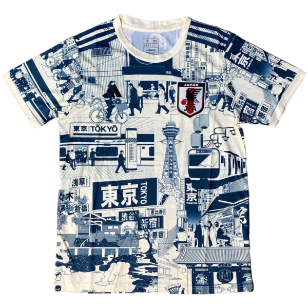 Patterned shirt with navy-and-white Tokyo street-scene illustrations, signs, trains, and a Japan emblem.