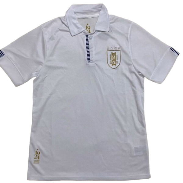 White polo shirt with blue striped placket and sleeve stripes, left chest crest of a shield with stars.