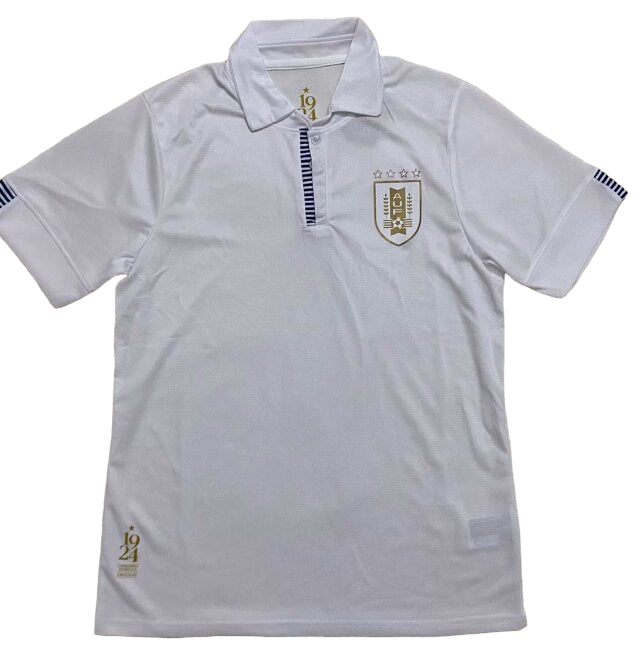 Photoroom-20240329-231250 White polo shirt with blue striped placket and sleeve stripes, left chest crest of a shield with stars.