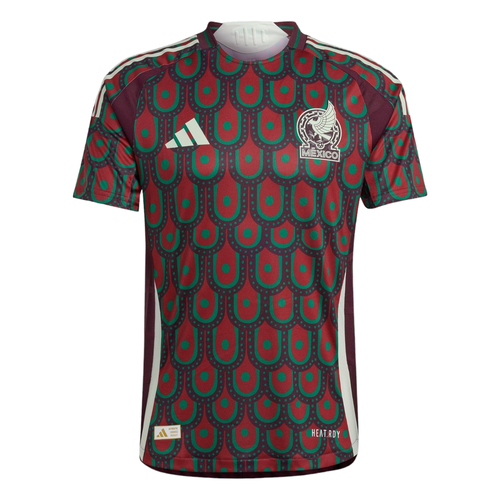 Photoroom-20240330-000229 Front view of a Mexico national soccer jersey with a red and green patterned design, white Adidas logo, and the team crest reading 'MEXICO'.