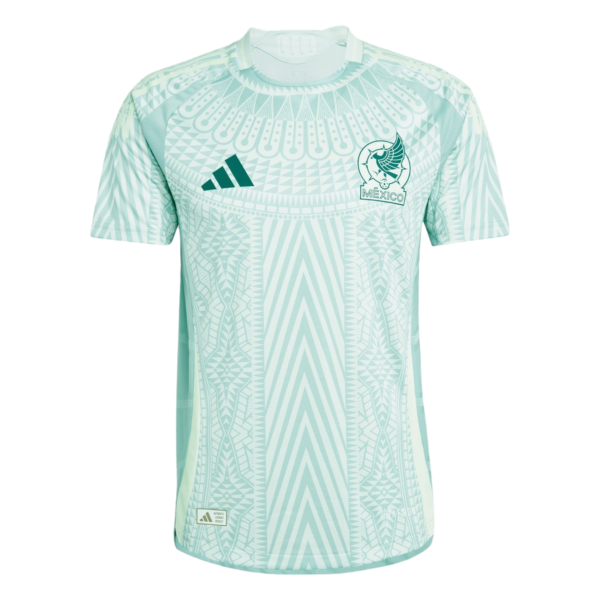 Pale turquoise Mexico national team soccer jersey with an intricate geometric pattern and the Adidas logo on the left chest.