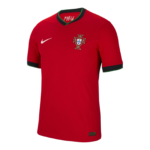Red Portugal national team jersey with green-black collar trim and white Nike swoosh on the chest. Crest on left chest.
